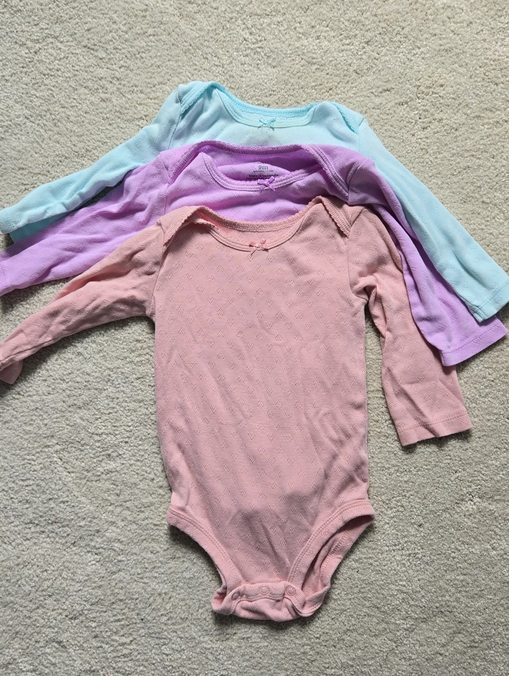 Carter's Bundle of 3 Heart Pointelle Long-Sleeve Onesies, Size 9M